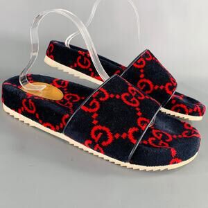 GUCCI Size 10.5 Black Red Guccissima Monogram Velvet Slip On Sandals
